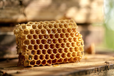 A photograph showcasing a close-up of a freshly harvested honeycombの写真素材