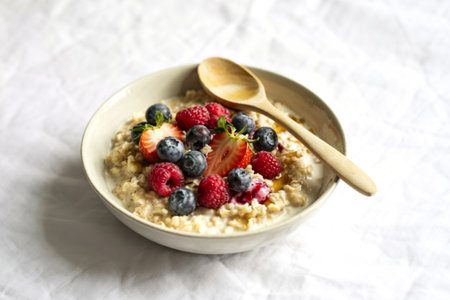 a bowl of creamy oatmealの写真素材