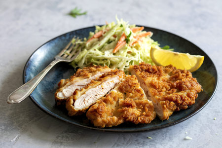 a meticulously arranged plate featuring golden-brown chicken schnitzel