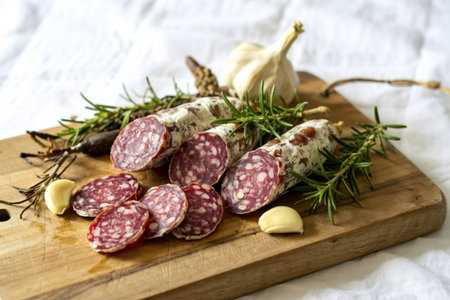 A photograph of a rustic wooden cutting board displaying an arrangement of cured meatsの写真素材