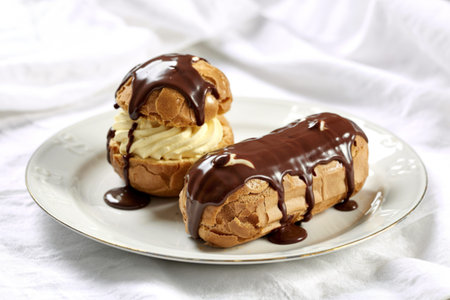 a chocolate eclair and a cluster of golden-brown profiteroles
