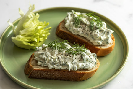 A photograph of two open-faced sandwichesの写真素材