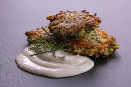 A photograph of a wooden plate piled high with golden-brown, crispy frittersの写真素材