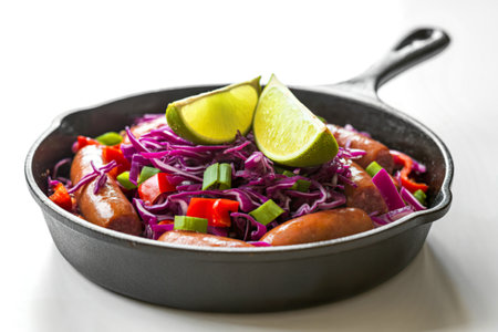 A photo of a vibrant dish of shredded cabbage with browned sausagesの写真素材