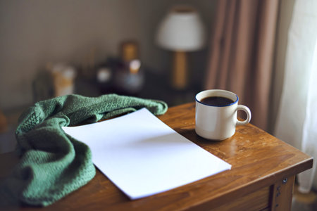 A photo of a sheet of blank white paper lying on a tableの写真素材