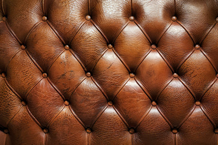 A brown leather texture with a pattern of buttonsの写真素材