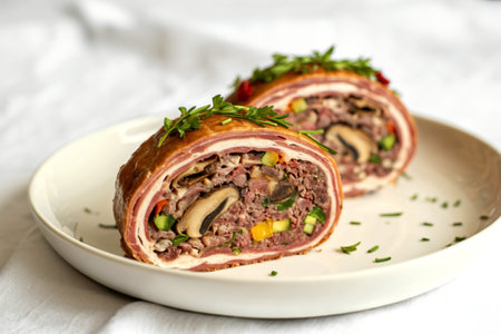 a beautifully sliced homemade meat rollの写真素材