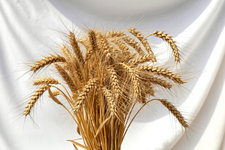 A photograph of a tightly bound bunch of golden wheat stalksの写真素材