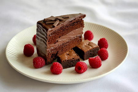a delectable dessert arrangement featuring a rich chocolate cakeの写真素材