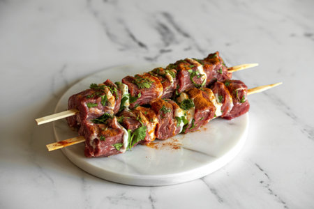 raw kebab meticulously arranged on a polished white marble surfaceの写真素材