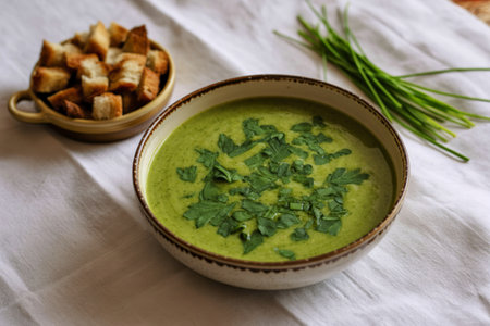 a rustic ceramic bowl filled with vibrant, creamy green soupの写真素材