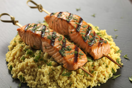 A photograph of three grilled salmon skewersの写真素材