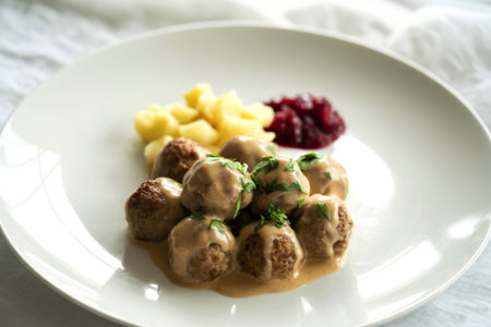 white ceramic plate showcasing a cluster of Swedish meatballsの写真素材