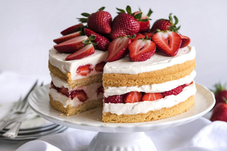 A photo of a delectable strawberry shortcake on a white pedestal standの写真素材