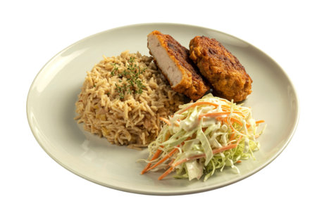 a perfectly arranged pilaf dish with two golden-brown cutletsの写真素材