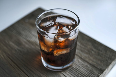 A photograph of a tall, clear glass filled with ice and a fizzy cola drink