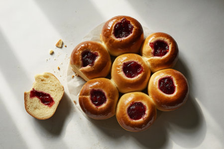 a stack of freshly baked sweet buns with glistening raspberry jam fillingの写真素材