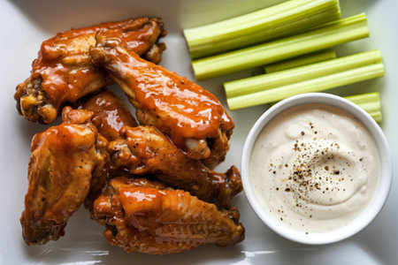 glazed chicken wings with a side of fresh celery sticksの写真素材