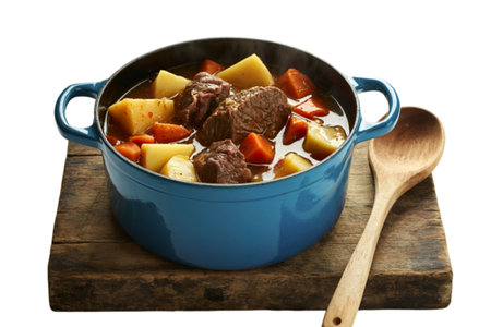blue-handled cast iron pot brimming with a steaming, hearty stewの写真素材