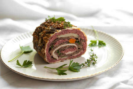 A photograph of a beautifully sliced homemade meat roll