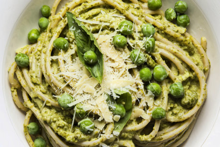 A photo of a creamy pasta with pesto sauce, green peas, basil, and cheese