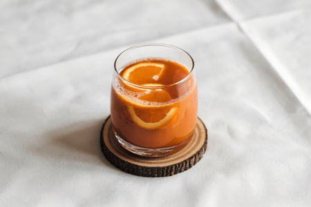 A photo of a glass of orange juice with a few orange slices on a white backgroundの写真素材