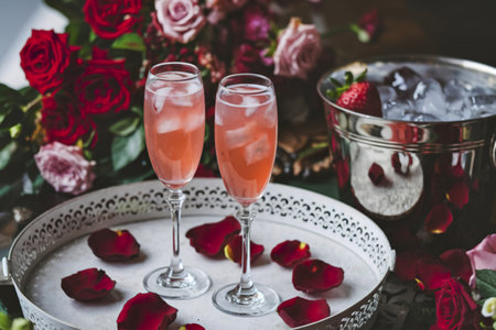 two flute glasses on a white, ornate tray.の写真素材