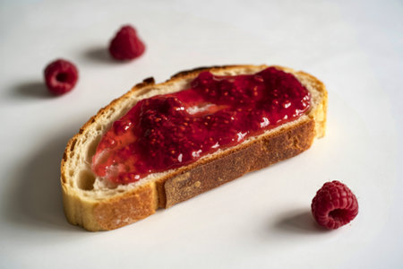 toasted sourdough bread, artfully spread with vibrant strawberry jamの写真素材