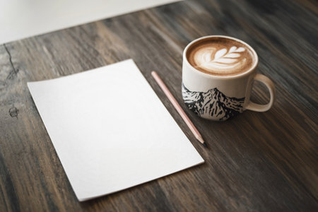 a white sheet of paper and a cup of coffeeの写真素材