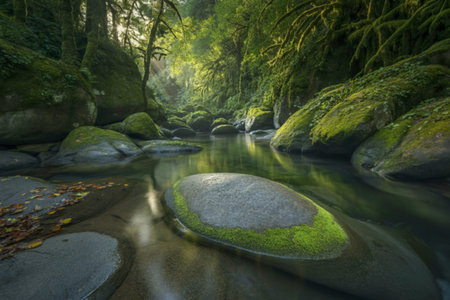 A photograph of a tranquil forest stream