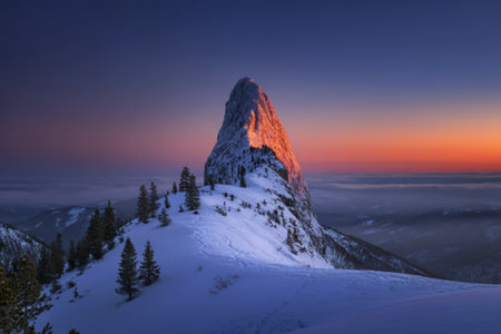 A photograph of a solitary, snow-covered mountain peak piercing the twilight sky.の写真素材