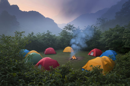 A photograph of several vibrant red and yellow tourist tents