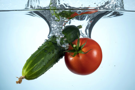 a vibrant green cucumber and a ripe red tomato plunging into crystal-clear waterの写真素材