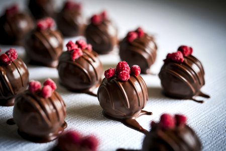 A photo of a close-up shot of chocolate truffles on a textured white surfaceの写真素材