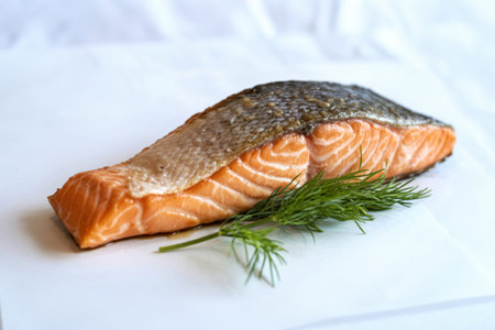A photograph of a perfectly grilled fillet of salmon