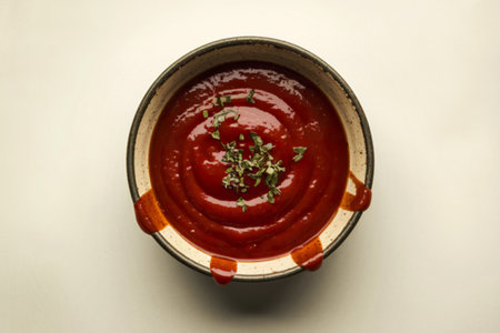 A photograph of a pristine white ceramic bowl filled with vibrant, rich ketchupの写真素材