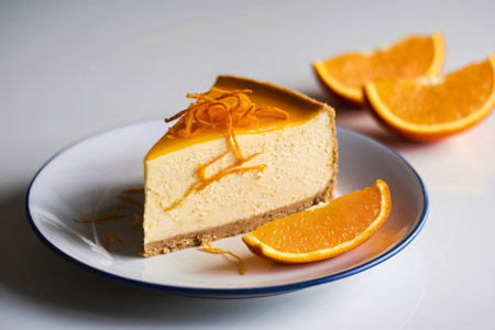 a slice of orange cheesecake with a graham cracker crust