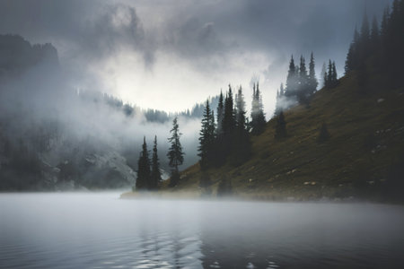 alpine natural background with fog in the early morning