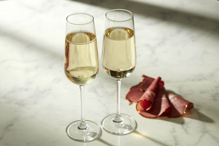 A photograph of two elegant champagne flutes