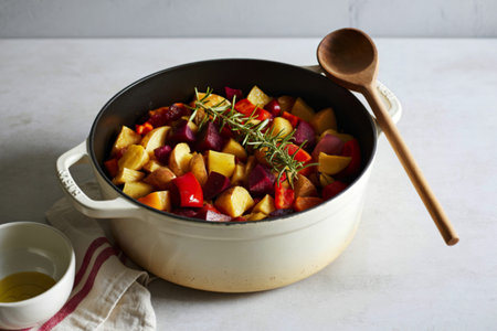 a white cast iron oven filled with vibrant roasted root vegetables
