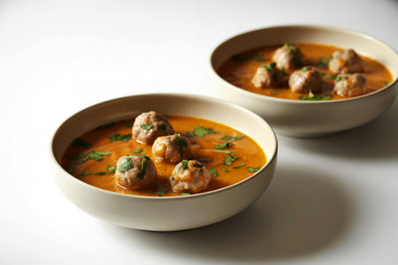 orange soup containing perfectly round, browned meatballsの写真素材
