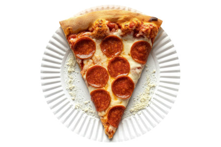 A photograph of a single, inviting slice of pepperoni pizza