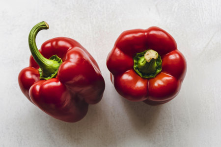 A photograph of two vibrant red bell peppersの写真素材
