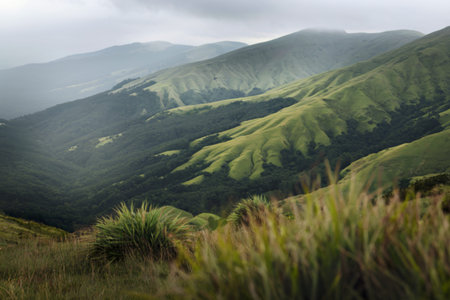 a serene landscape with rolling green hills and mountains