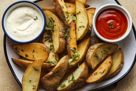 A photo of a golden-brown platter of seasoned potato wedges.