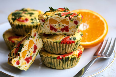A photo of a stack of vibrant, egg-based muffins or cups