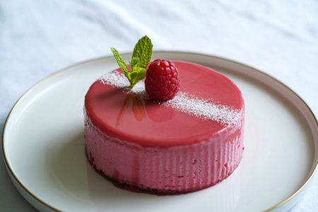 a vibrant pink Raspberry Cheesecake with Mirror Glaze