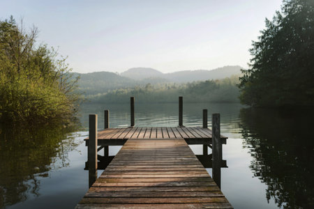 A photo of a serene lakeside setting with a wooden dock extending into the calm watersの写真素材