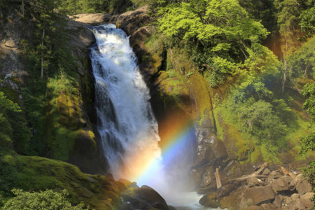 A photograph of a powerful waterfall cascadingの写真素材