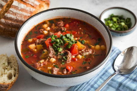 A photo of a bowl of hearty soup garnished with chopped green herbs